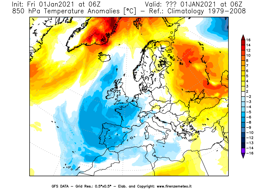 Mappa di analisi GFS - Anomalia Temperatura [°C] a 850 hPa in Europa
							del 01/01/2021 06 <!--googleoff: index-->UTC<!--googleon: index-->
