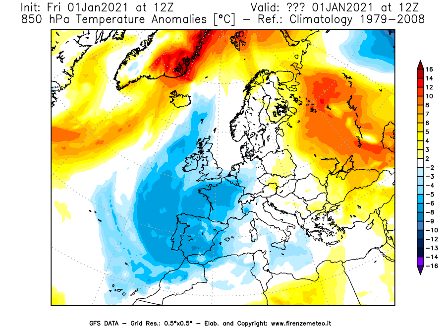 Mappa di analisi GFS - Anomalia Temperatura [°C] a 850 hPa in Europa
							del 01/01/2021 12 <!--googleoff: index-->UTC<!--googleon: index-->