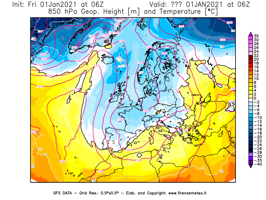 Mappa di analisi GFS - Geopotenziale [m] e Temperatura [°C] a 850 hPa in Europa
							del 01/01/2021 06 <!--googleoff: index-->UTC<!--googleon: index-->