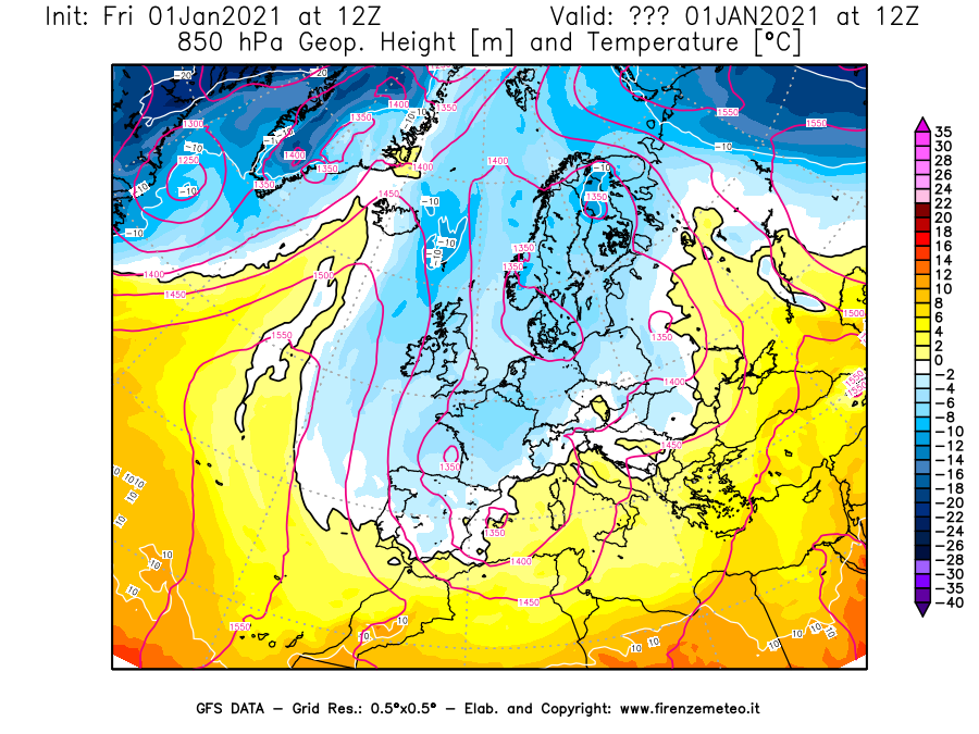 Mappa di analisi GFS - Geopotenziale [m] e Temperatura [°C] a 850 hPa in Europa
							del 01/01/2021 12 <!--googleoff: index-->UTC<!--googleon: index-->