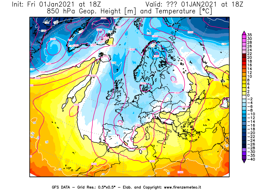 Mappa di analisi GFS - Geopotenziale [m] e Temperatura [°C] a 850 hPa in Europa
							del 01/01/2021 18 <!--googleoff: index-->UTC<!--googleon: index-->