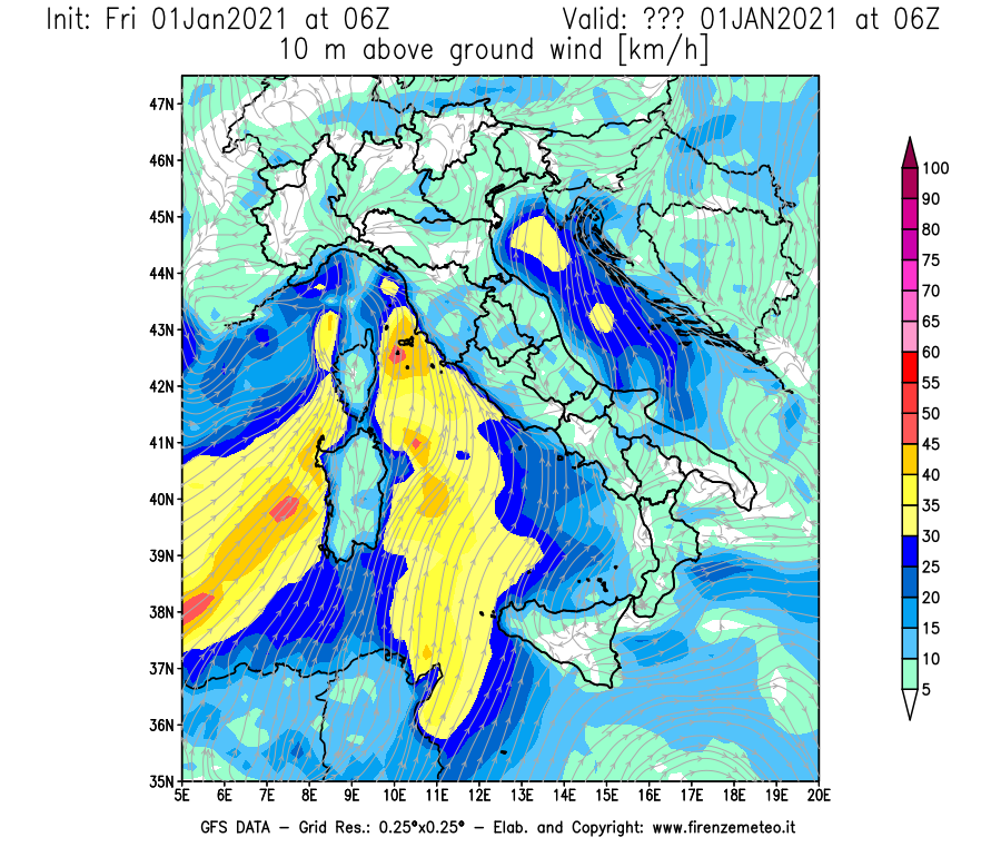 Mappa di analisi GFS - Velocità del vento a 10 metri dal suolo [km/h] in Italia
							del 01/01/2021 06 <!--googleoff: index-->UTC<!--googleon: index-->