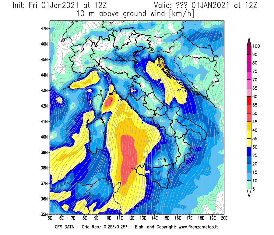 Mappa di analisi GFS - Velocità del vento a 10 metri dal suolo [km/h] in Italia
							del 01/01/2021 12 <!--googleoff: index-->UTC<!--googleon: index-->