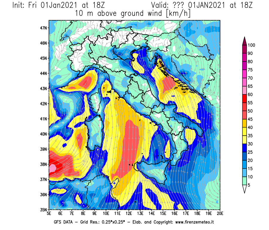 Mappa di analisi GFS - Velocità del vento a 10 metri dal suolo [km/h] in Italia
							del 01/01/2021 18 <!--googleoff: index-->UTC<!--googleon: index-->