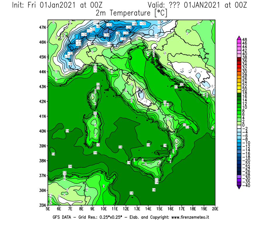 Mappa di analisi GFS - Temperatura a 2 metri dal suolo [°C] in Italia
							del 01/01/2021 00 <!--googleoff: index-->UTC<!--googleon: index-->