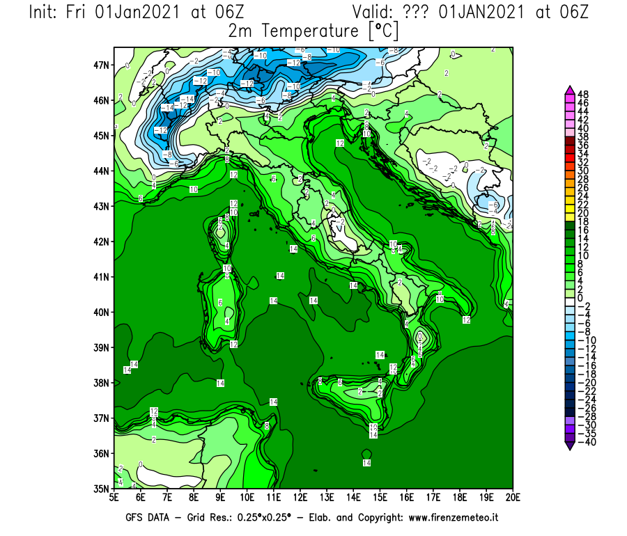 Mappa di analisi GFS - Temperatura a 2 metri dal suolo [°C] in Italia
							del 01/01/2021 06 <!--googleoff: index-->UTC<!--googleon: index-->