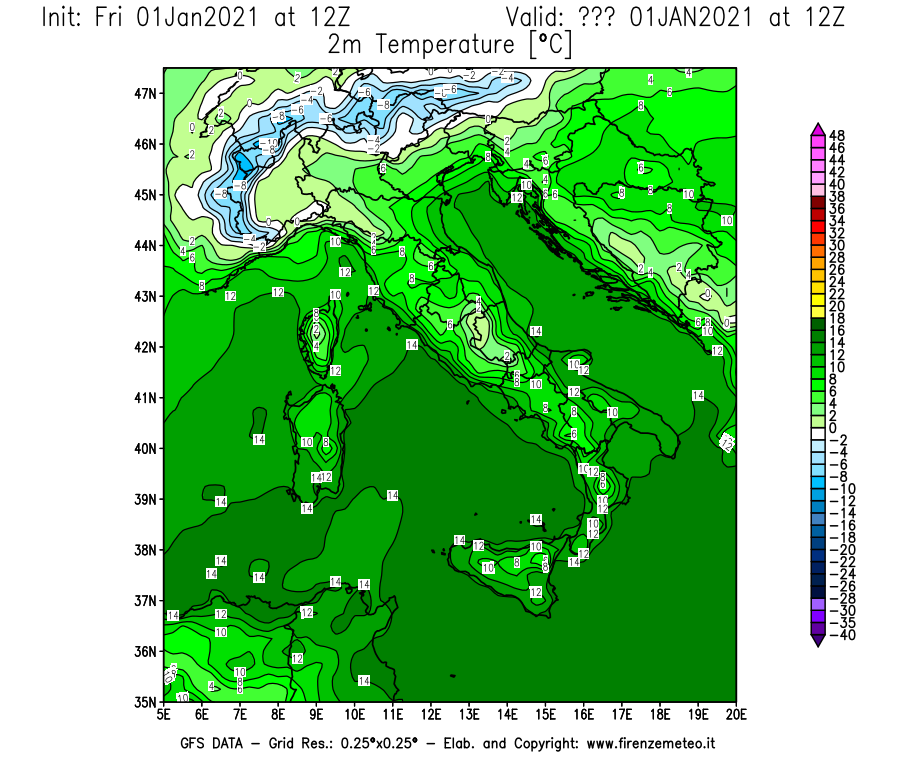 Mappa di analisi GFS - Temperatura a 2 metri dal suolo [°C] in Italia
							del 01/01/2021 12 <!--googleoff: index-->UTC<!--googleon: index-->