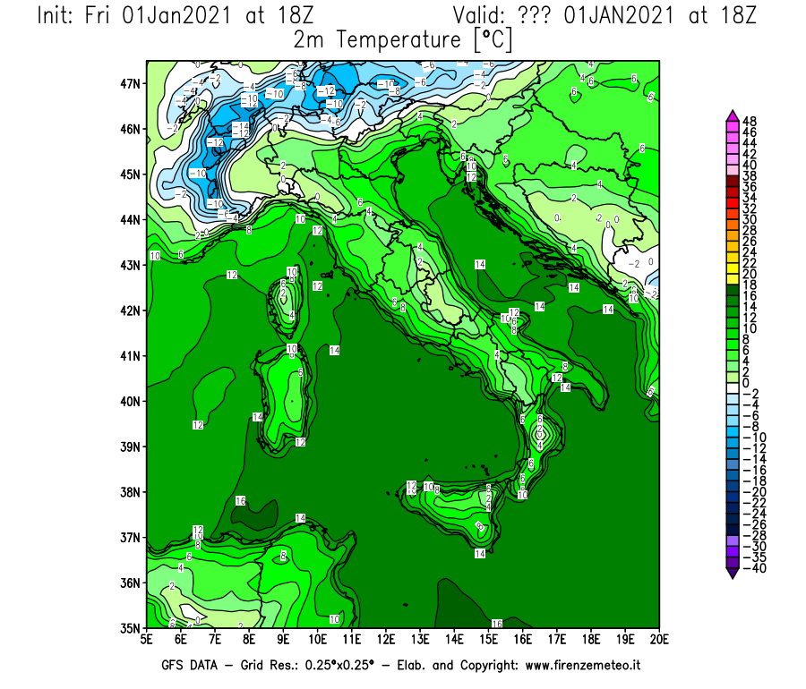 Mappa di analisi GFS - Temperatura a 2 metri dal suolo [°C] in Italia
							del 01/01/2021 18 <!--googleoff: index-->UTC<!--googleon: index-->