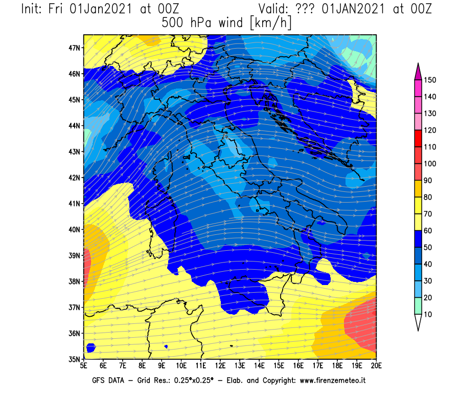 Mappa di analisi GFS - Velocità del vento a 500 hPa [km/h] in Italia
							del 01/01/2021 00 <!--googleoff: index-->UTC<!--googleon: index-->
