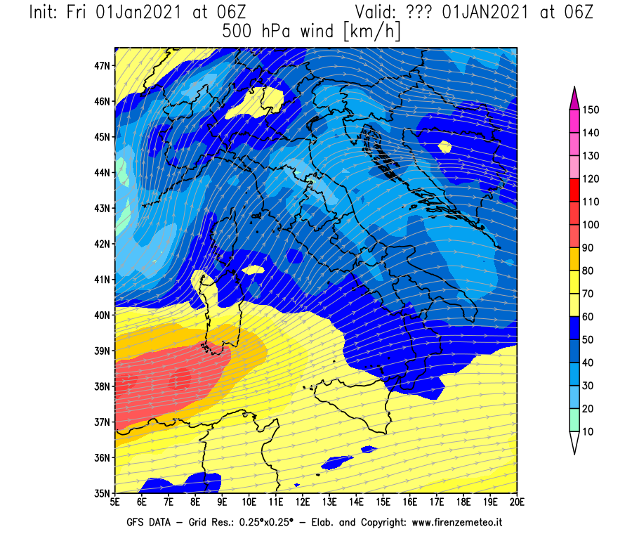 Mappa di analisi GFS - Velocità del vento a 500 hPa [km/h] in Italia
							del 01/01/2021 06 <!--googleoff: index-->UTC<!--googleon: index-->