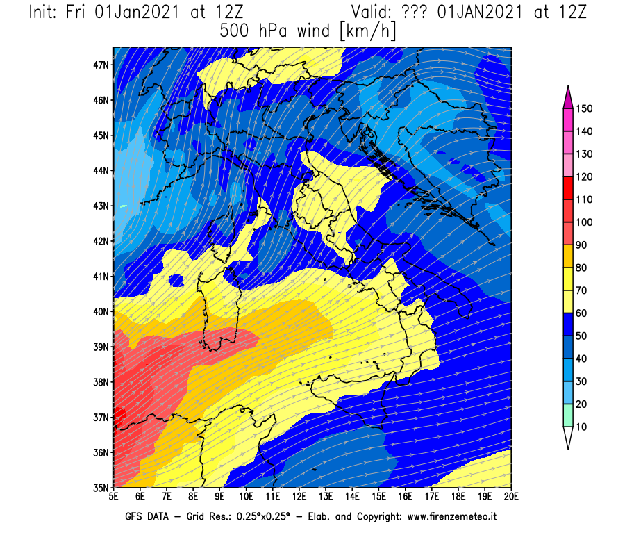 Mappa di analisi GFS - Velocità del vento a 500 hPa [km/h] in Italia
							del 01/01/2021 12 <!--googleoff: index-->UTC<!--googleon: index-->