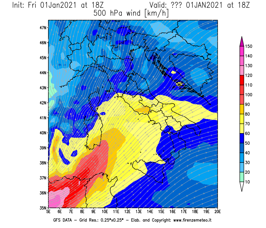 Mappa di analisi GFS - Velocità del vento a 500 hPa [km/h] in Italia
							del 01/01/2021 18 <!--googleoff: index-->UTC<!--googleon: index-->