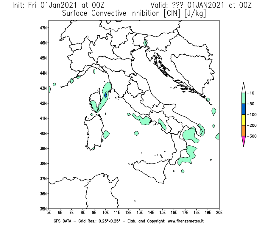 Mappa di analisi GFS - CIN [J/kg] in Italia
							del 01/01/2021 00 <!--googleoff: index-->UTC<!--googleon: index-->