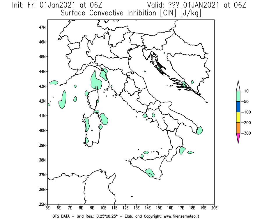 Mappa di analisi GFS - CIN [J/kg] in Italia
							del 01/01/2021 06 <!--googleoff: index-->UTC<!--googleon: index-->