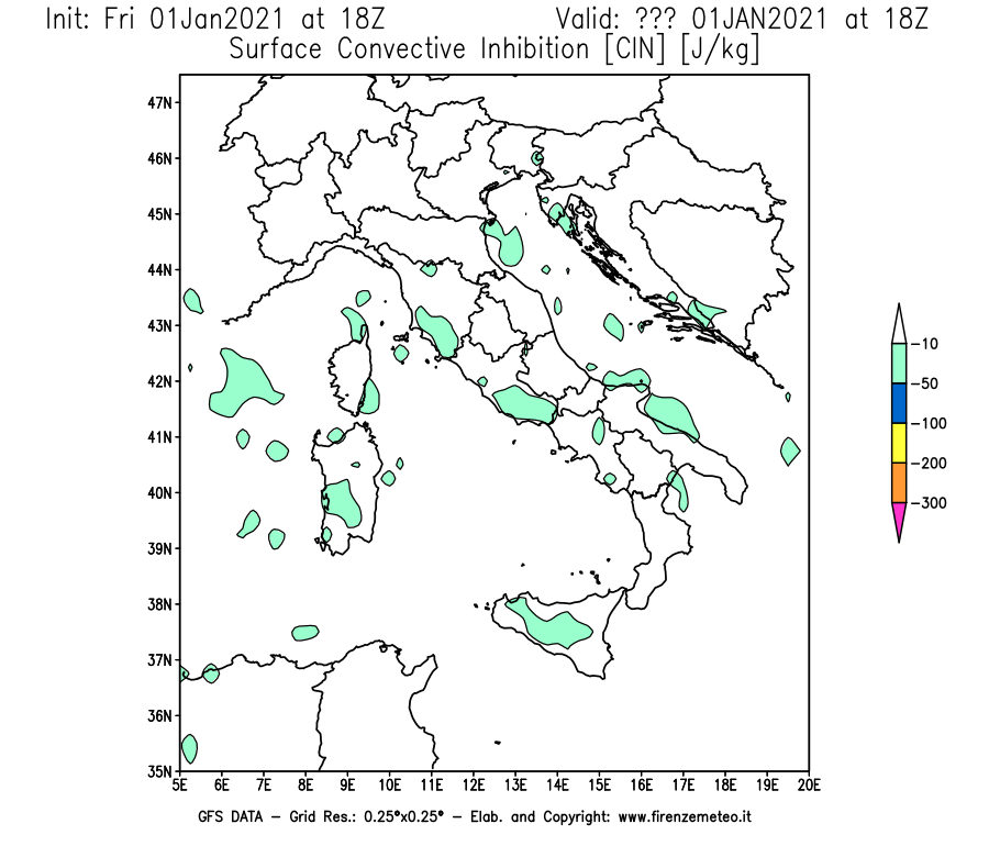 Mappa di analisi GFS - CIN [J/kg] in Italia
							del 01/01/2021 18 <!--googleoff: index-->UTC<!--googleon: index-->