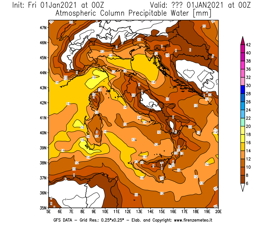 Mappa di analisi GFS - Precipitable Water [mm] in Italia
							del 01/01/2021 00 <!--googleoff: index-->UTC<!--googleon: index-->