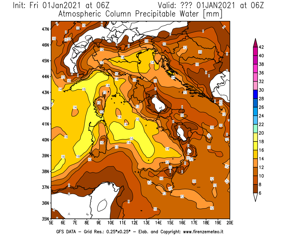 Mappa di analisi GFS - Precipitable Water [mm] in Italia
							del 01/01/2021 06 <!--googleoff: index-->UTC<!--googleon: index-->