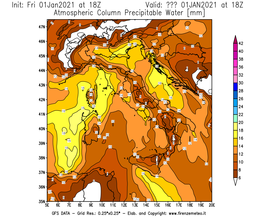 Mappa di analisi GFS - Precipitable Water [mm] in Italia
							del 01/01/2021 18 <!--googleoff: index-->UTC<!--googleon: index-->
