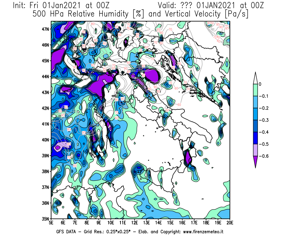 Mappa di analisi GFS - Umidità relativa [%] e Omega [Pa/s] a 500 hPa in Italia
							del 01/01/2021 00 <!--googleoff: index-->UTC<!--googleon: index-->