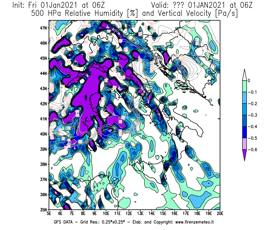 Mappa di analisi GFS - Umidità relativa [%] e Omega [Pa/s] a 500 hPa in Italia
							del 01/01/2021 06 <!--googleoff: index-->UTC<!--googleon: index-->