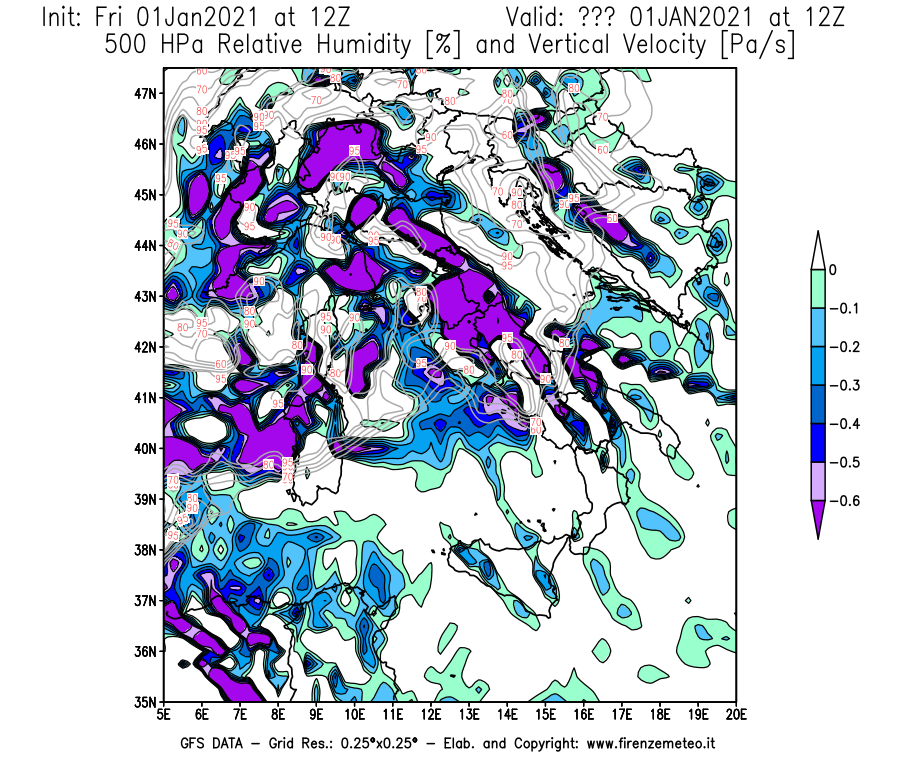 Mappa di analisi GFS - Umidità relativa [%] e Omega [Pa/s] a 500 hPa in Italia
							del 01/01/2021 12 <!--googleoff: index-->UTC<!--googleon: index-->