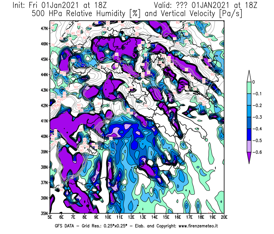 Mappa di analisi GFS - Umidità relativa [%] e Omega [Pa/s] a 500 hPa in Italia
							del 01/01/2021 18 <!--googleoff: index-->UTC<!--googleon: index-->