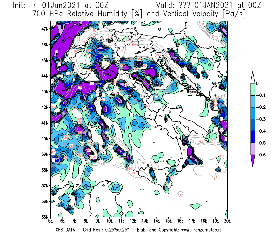 Mappa di analisi GFS - Umidità relativa [%] e Omega [Pa/s] a 700 hPa in Italia
							del 01/01/2021 00 <!--googleoff: index-->UTC<!--googleon: index-->
