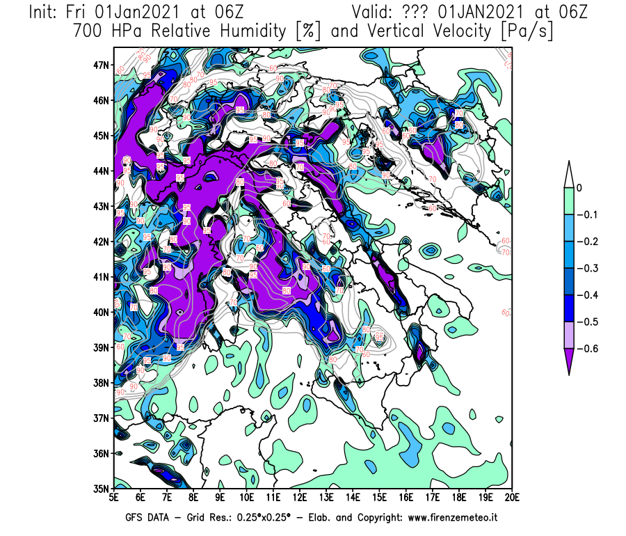 Mappa di analisi GFS - Umidità relativa [%] e Omega [Pa/s] a 700 hPa in Italia
							del 01/01/2021 06 <!--googleoff: index-->UTC<!--googleon: index-->