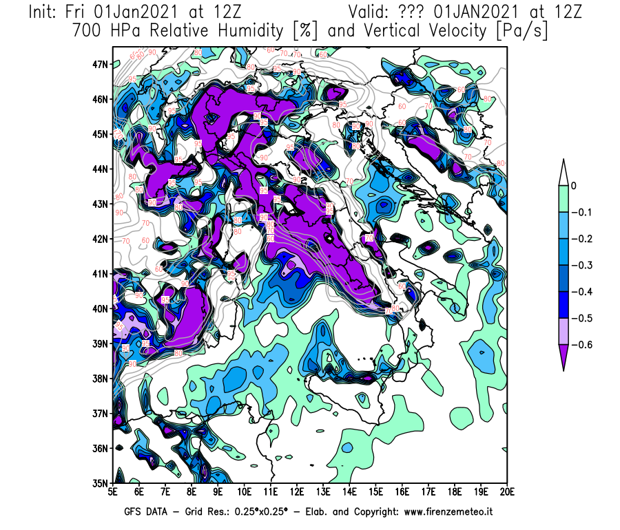 Mappa di analisi GFS - Umidità relativa [%] e Omega [Pa/s] a 700 hPa in Italia
							del 01/01/2021 12 <!--googleoff: index-->UTC<!--googleon: index-->