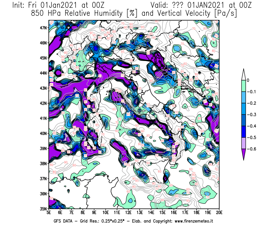Mappa di analisi GFS - Umidità relativa [%] e Omega [Pa/s] a 850 hPa in Italia
							del 01/01/2021 00 <!--googleoff: index-->UTC<!--googleon: index-->