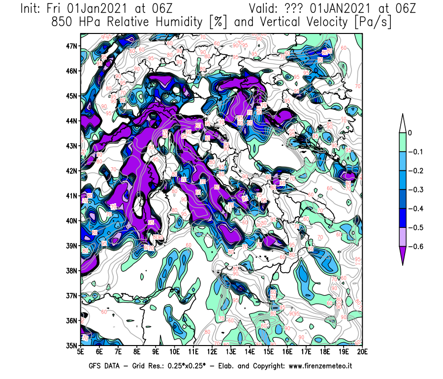Mappa di analisi GFS - Umidità relativa [%] e Omega [Pa/s] a 850 hPa in Italia
							del 01/01/2021 06 <!--googleoff: index-->UTC<!--googleon: index-->