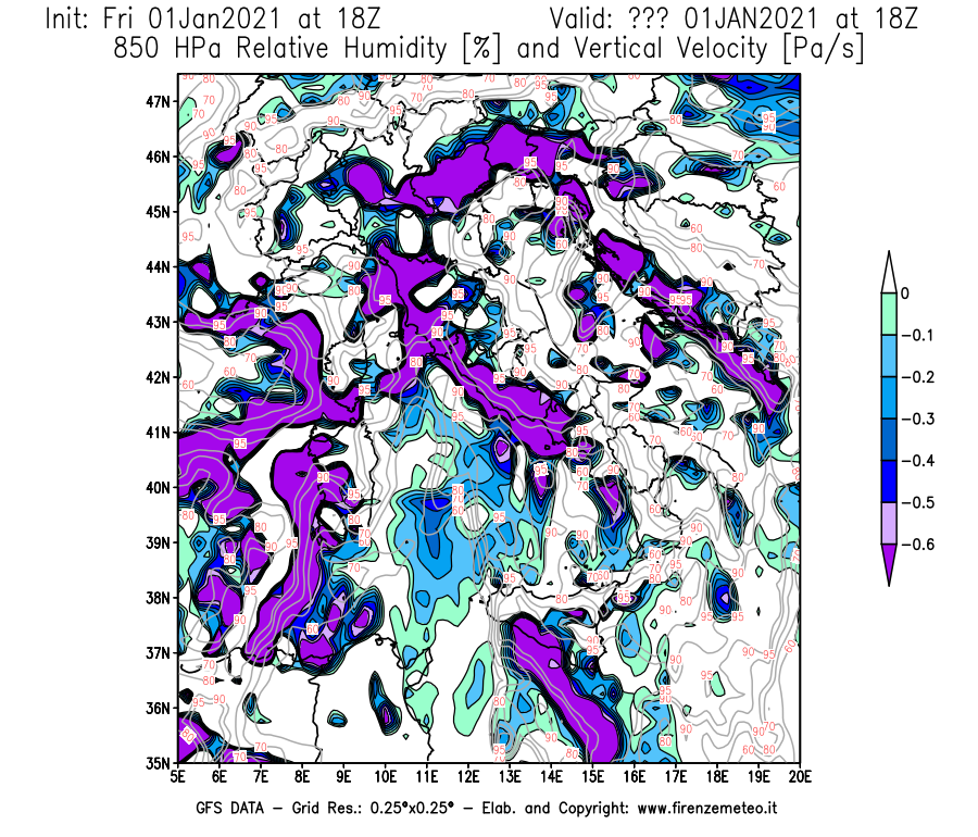 Mappa di analisi GFS - Umidità relativa [%] e Omega [Pa/s] a 850 hPa in Italia
							del 01/01/2021 18 <!--googleoff: index-->UTC<!--googleon: index-->