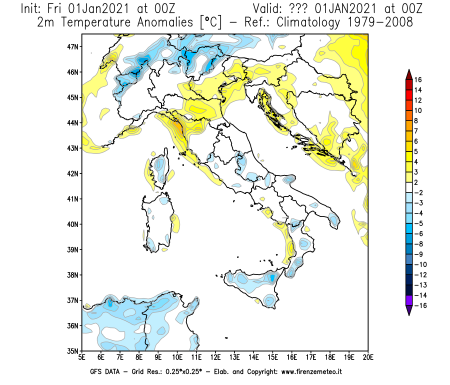 Mappa di analisi GFS - Anomalia Temperatura [°C] a 2 m in Italia
							del 01/01/2021 00 <!--googleoff: index-->UTC<!--googleon: index-->