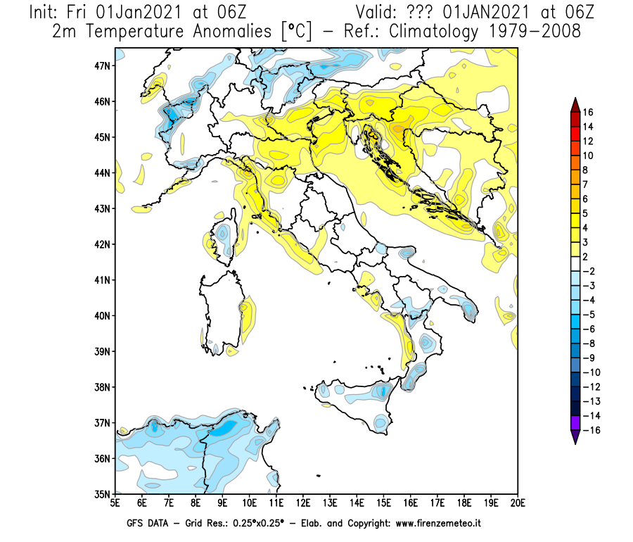 Mappa di analisi GFS - Anomalia Temperatura [°C] a 2 m in Italia
							del 01/01/2021 06 <!--googleoff: index-->UTC<!--googleon: index-->