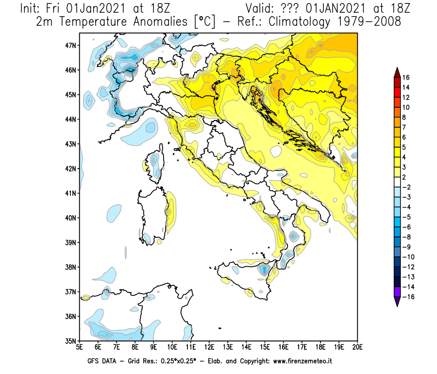 Mappa di analisi GFS - Anomalia Temperatura [°C] a 2 m in Italia
							del 01/01/2021 18 <!--googleoff: index-->UTC<!--googleon: index-->
