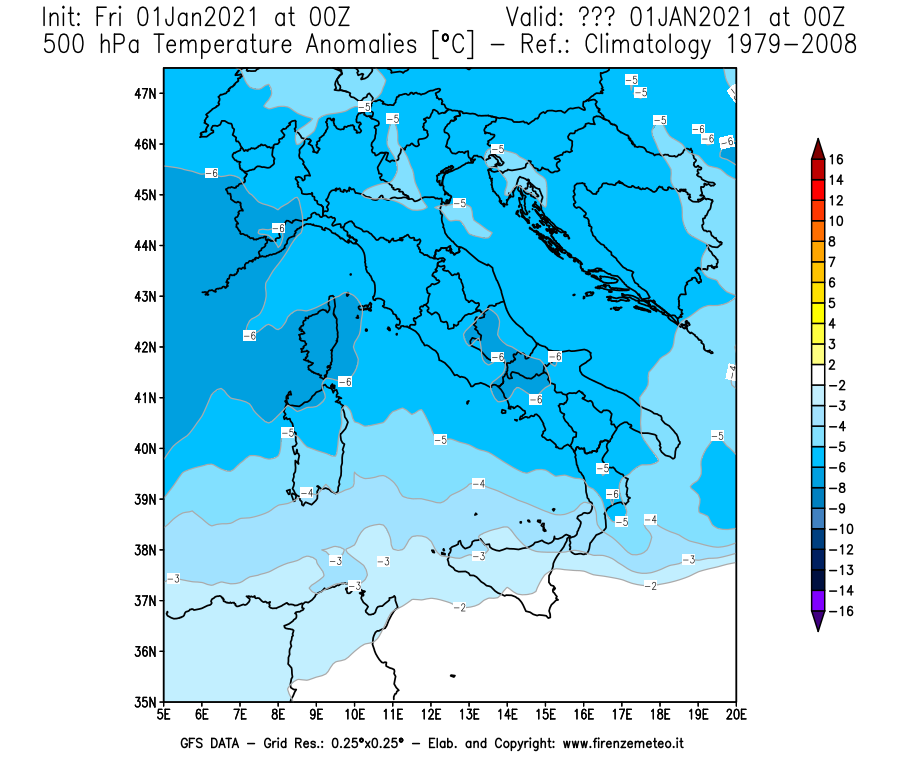 Mappa di analisi GFS - Anomalia Temperatura [°C] a 500 hPa in Italia
							del 01/01/2021 00 <!--googleoff: index-->UTC<!--googleon: index-->