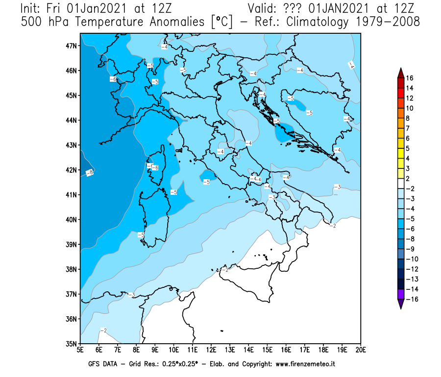 Mappa di analisi GFS - Anomalia Temperatura [°C] a 500 hPa in Italia
							del 01/01/2021 12 <!--googleoff: index-->UTC<!--googleon: index-->