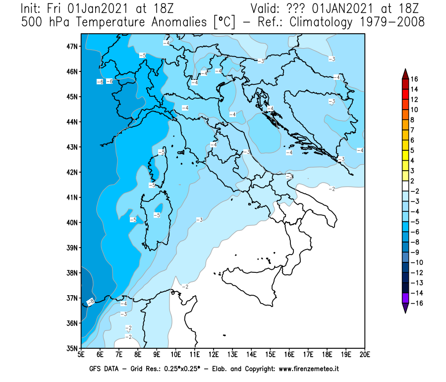 Mappa di analisi GFS - Anomalia Temperatura [°C] a 500 hPa in Italia
							del 01/01/2021 18 <!--googleoff: index-->UTC<!--googleon: index-->