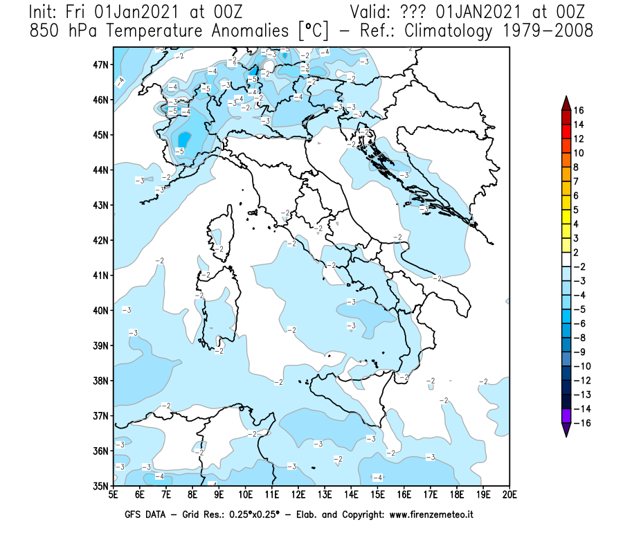 Mappa di analisi GFS - Anomalia Temperatura [°C] a 850 hPa in Italia
							del 01/01/2021 00 <!--googleoff: index-->UTC<!--googleon: index-->
