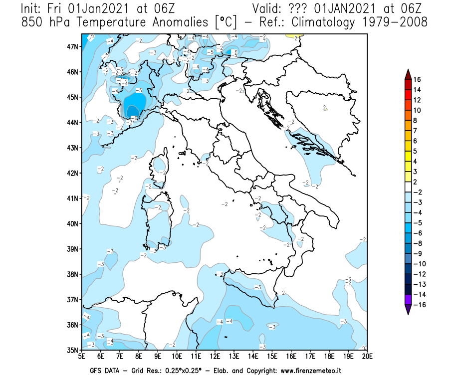 Mappa di analisi GFS - Anomalia Temperatura [°C] a 850 hPa in Italia
							del 01/01/2021 06 <!--googleoff: index-->UTC<!--googleon: index-->