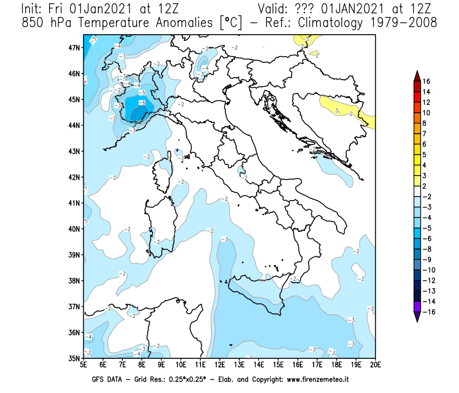 Mappa di analisi GFS - Anomalia Temperatura [°C] a 850 hPa in Italia
							del 01/01/2021 12 <!--googleoff: index-->UTC<!--googleon: index-->