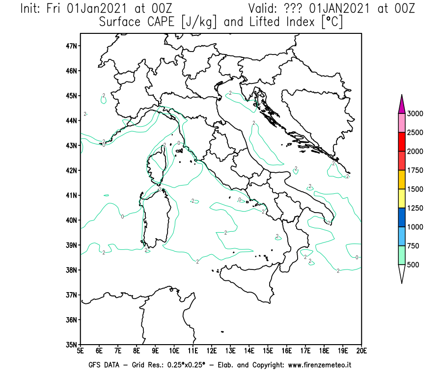 Mappa di analisi GFS - CAPE [J/kg] e Lifted Index [°C] in Italia
							del 01/01/2021 00 <!--googleoff: index-->UTC<!--googleon: index-->