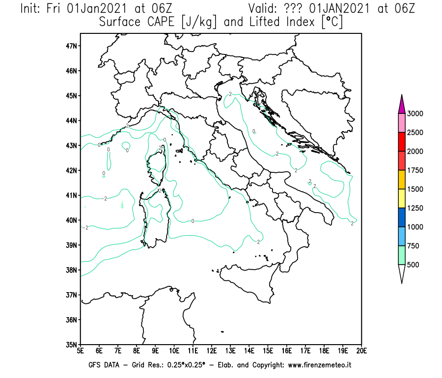 Mappa di analisi GFS - CAPE [J/kg] e Lifted Index [°C] in Italia
							del 01/01/2021 06 <!--googleoff: index-->UTC<!--googleon: index-->
