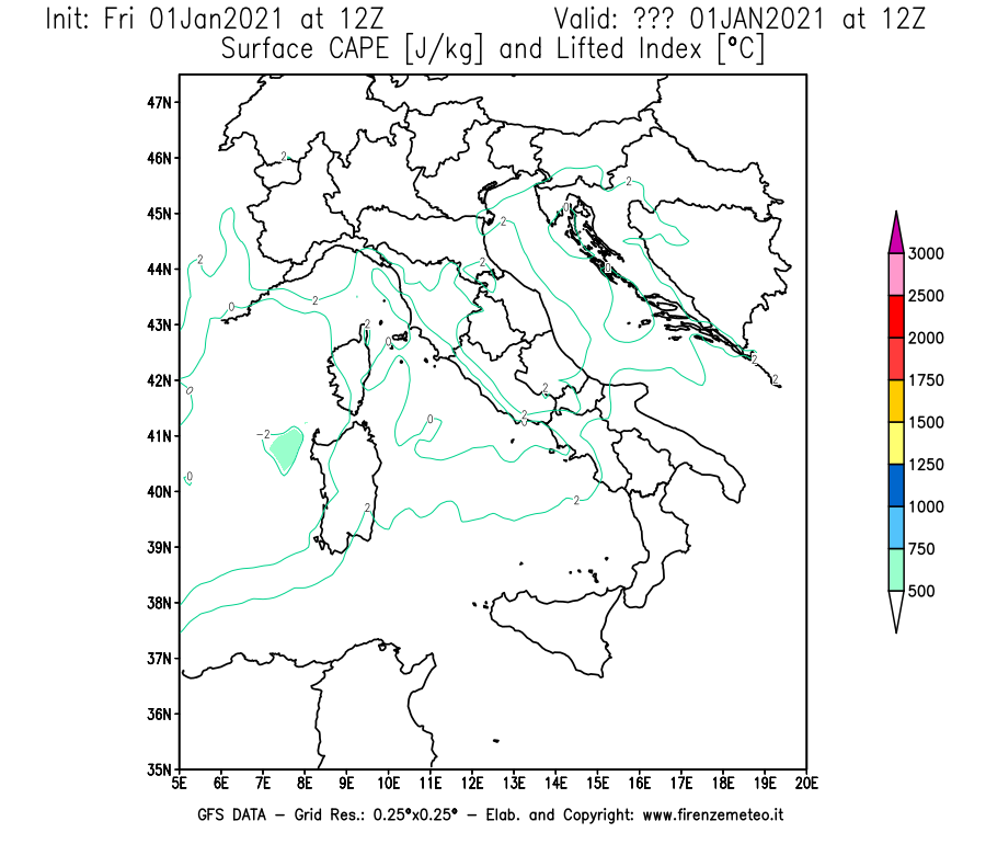 Mappa di analisi GFS - CAPE [J/kg] e Lifted Index [°C] in Italia
							del 01/01/2021 12 <!--googleoff: index-->UTC<!--googleon: index-->