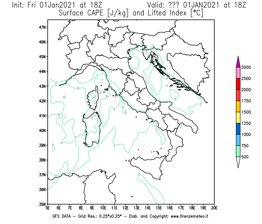 Mappa di analisi GFS - CAPE [J/kg] e Lifted Index [°C] in Italia
							del 01/01/2021 18 <!--googleoff: index-->UTC<!--googleon: index-->