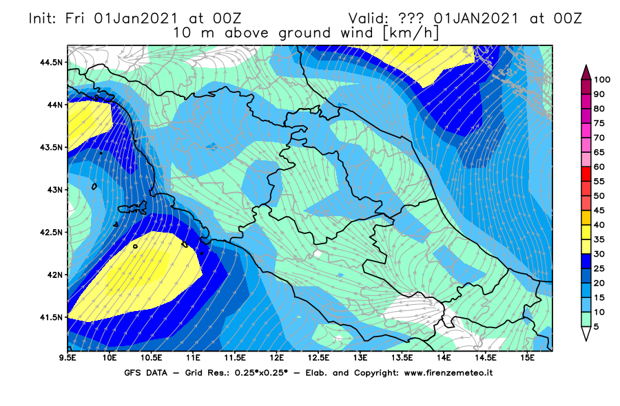 Mappa di analisi GFS - Velocità del vento a 10 metri dal suolo [km/h] in Centro-Italia
							del 01/01/2021 00 <!--googleoff: index-->UTC<!--googleon: index-->