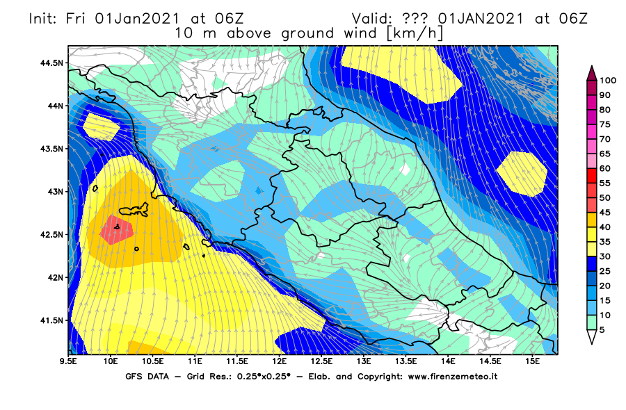 Mappa di analisi GFS - Velocità del vento a 10 metri dal suolo [km/h] in Centro-Italia
							del 01/01/2021 06 <!--googleoff: index-->UTC<!--googleon: index-->