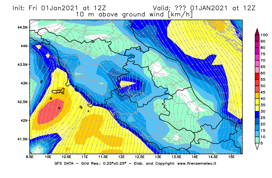Mappa di analisi GFS - Velocità del vento a 10 metri dal suolo [km/h] in Centro-Italia
							del 01/01/2021 12 <!--googleoff: index-->UTC<!--googleon: index-->