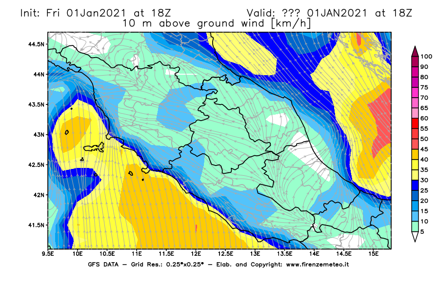 Mappa di analisi GFS - Velocità del vento a 10 metri dal suolo [km/h] in Centro-Italia
							del 01/01/2021 18 <!--googleoff: index-->UTC<!--googleon: index-->