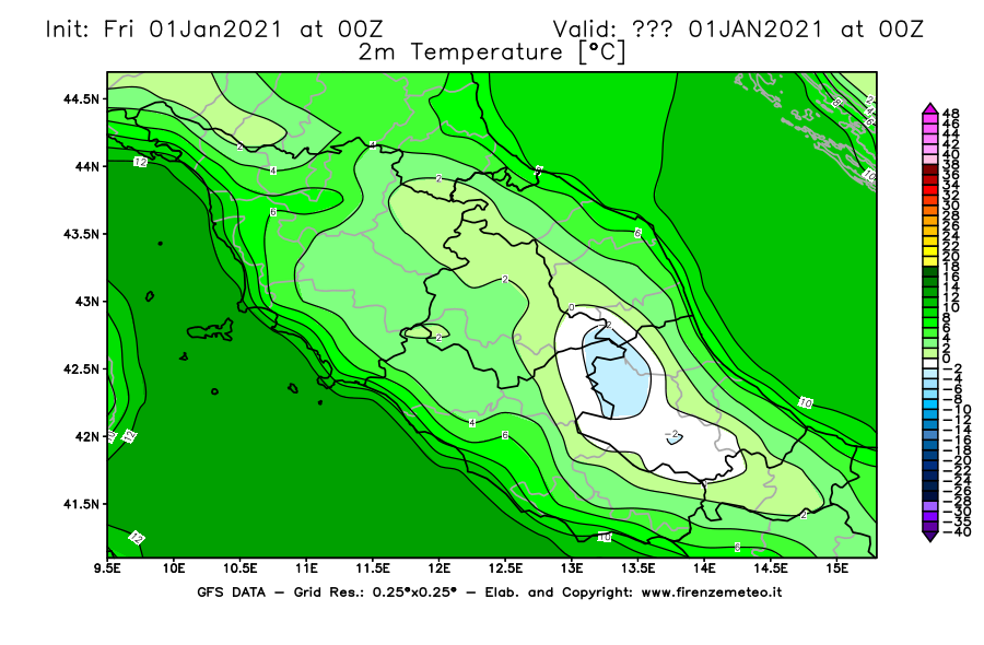 Mappa di analisi GFS - Temperatura a 2 metri dal suolo [°C] in Centro-Italia
							del 01/01/2021 00 <!--googleoff: index-->UTC<!--googleon: index-->